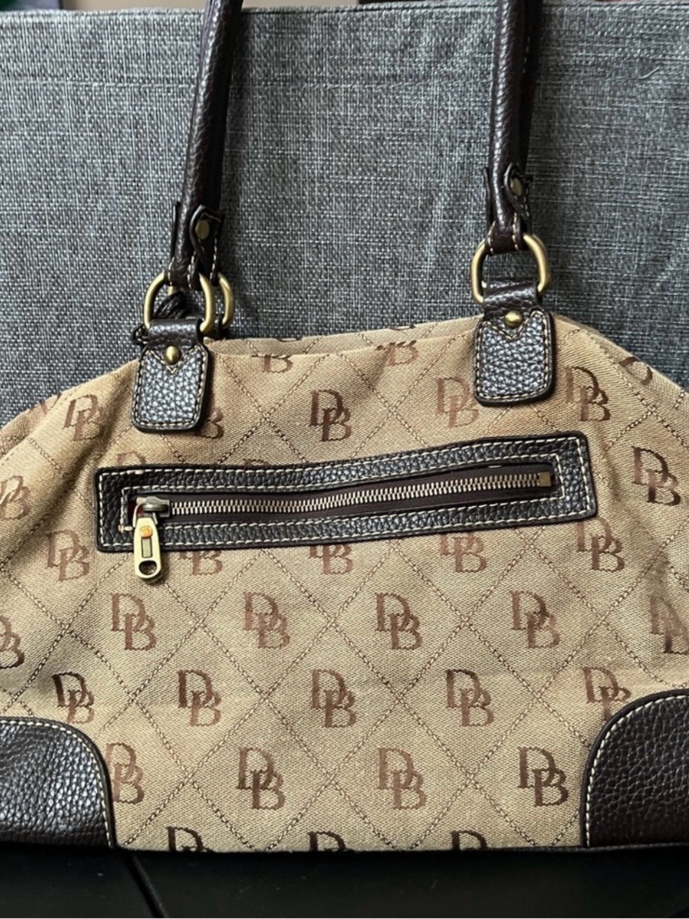 Dooney & Bourke Beige Satchel with Brown Trim and DB Monogram